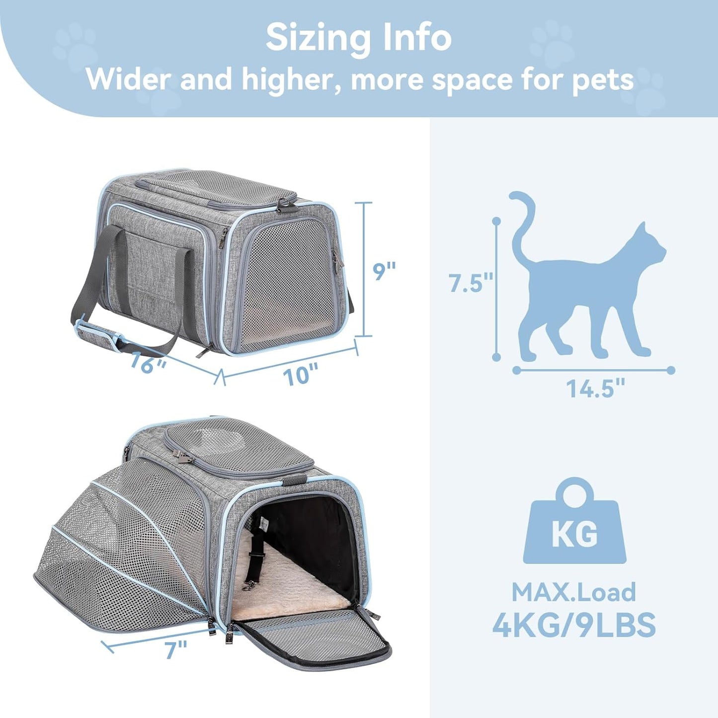 Petsfit Small Cat Carrier Soft Airline Approved Expandable Carrier for Kitten Puppy Bunny, 16"X10"X9“