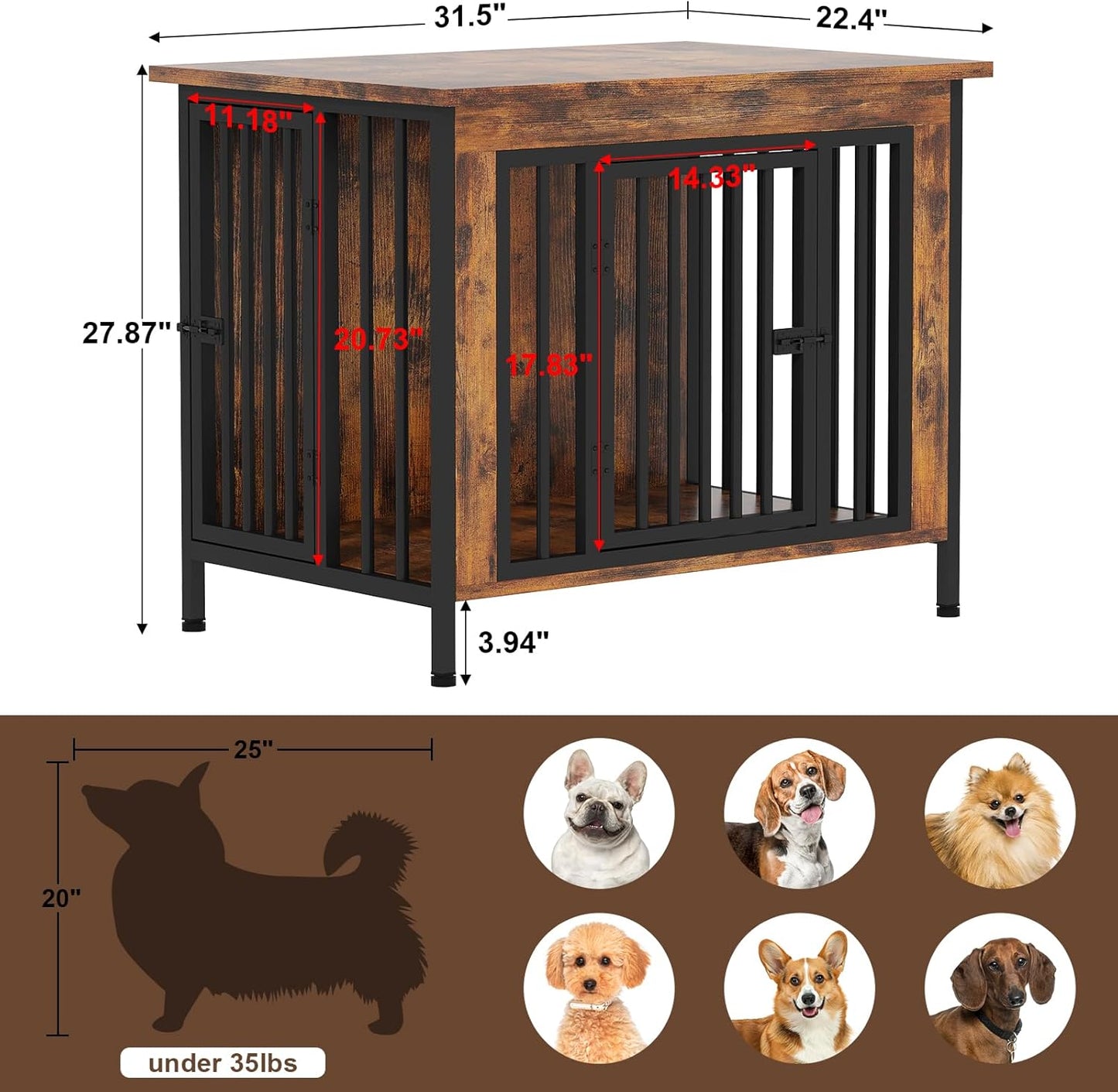 EasyCom 31.5" Small Dog Crate Furniture, Chew-Resistant Dog Crates for Small and Medium Dogs, Dog Kennel Furniture Indoor with 2 Doors and 3.94" Raised Feet, as TV Stand, End Table, Crate Table