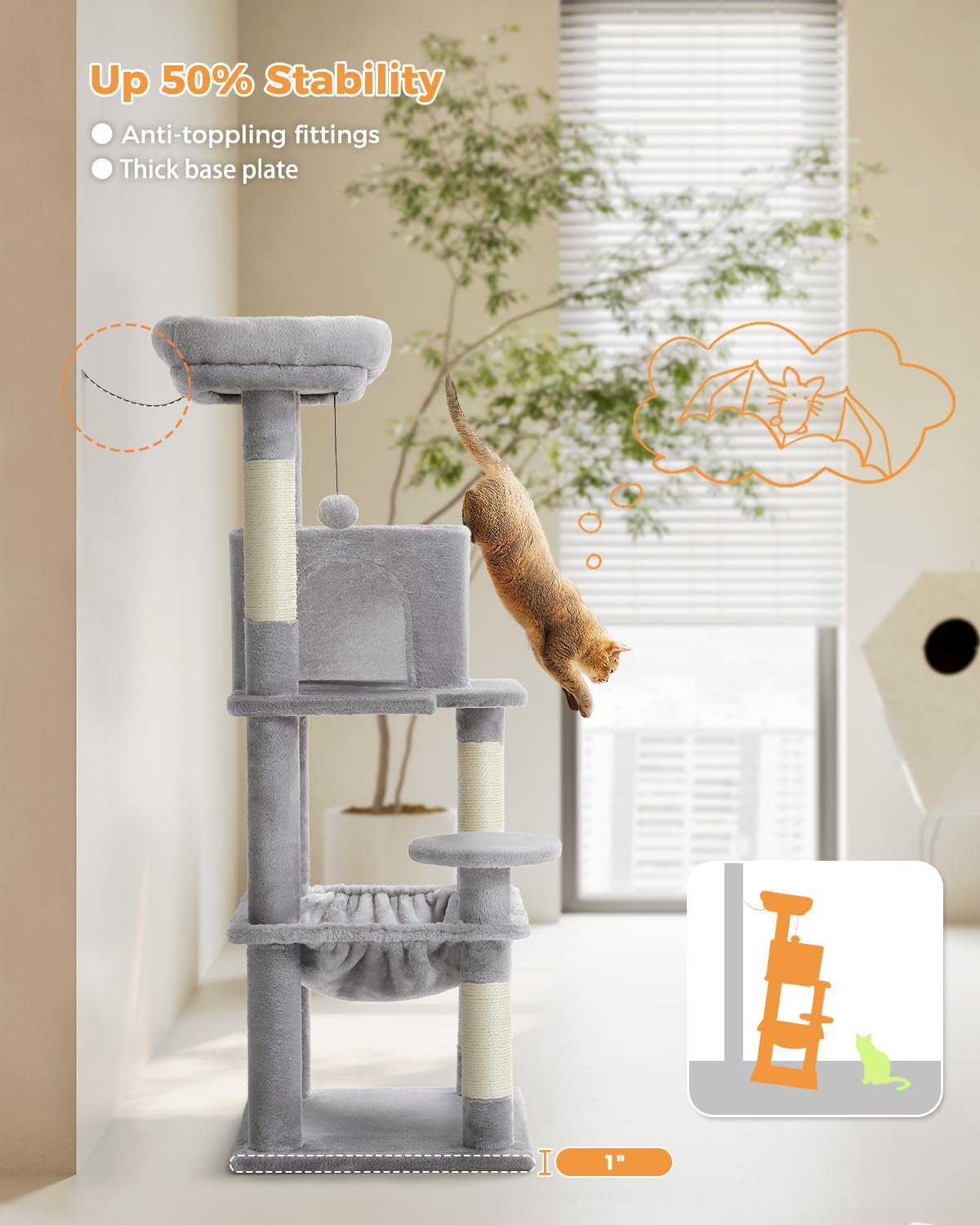 Cat Tree for Indoor Cats, 45.7" Multi-Level Cat Tower with Large Metal Frame Hammock, Cat Condo with 4 Scratching Posts and Top Perch for Small Medium Kitty, Grey
