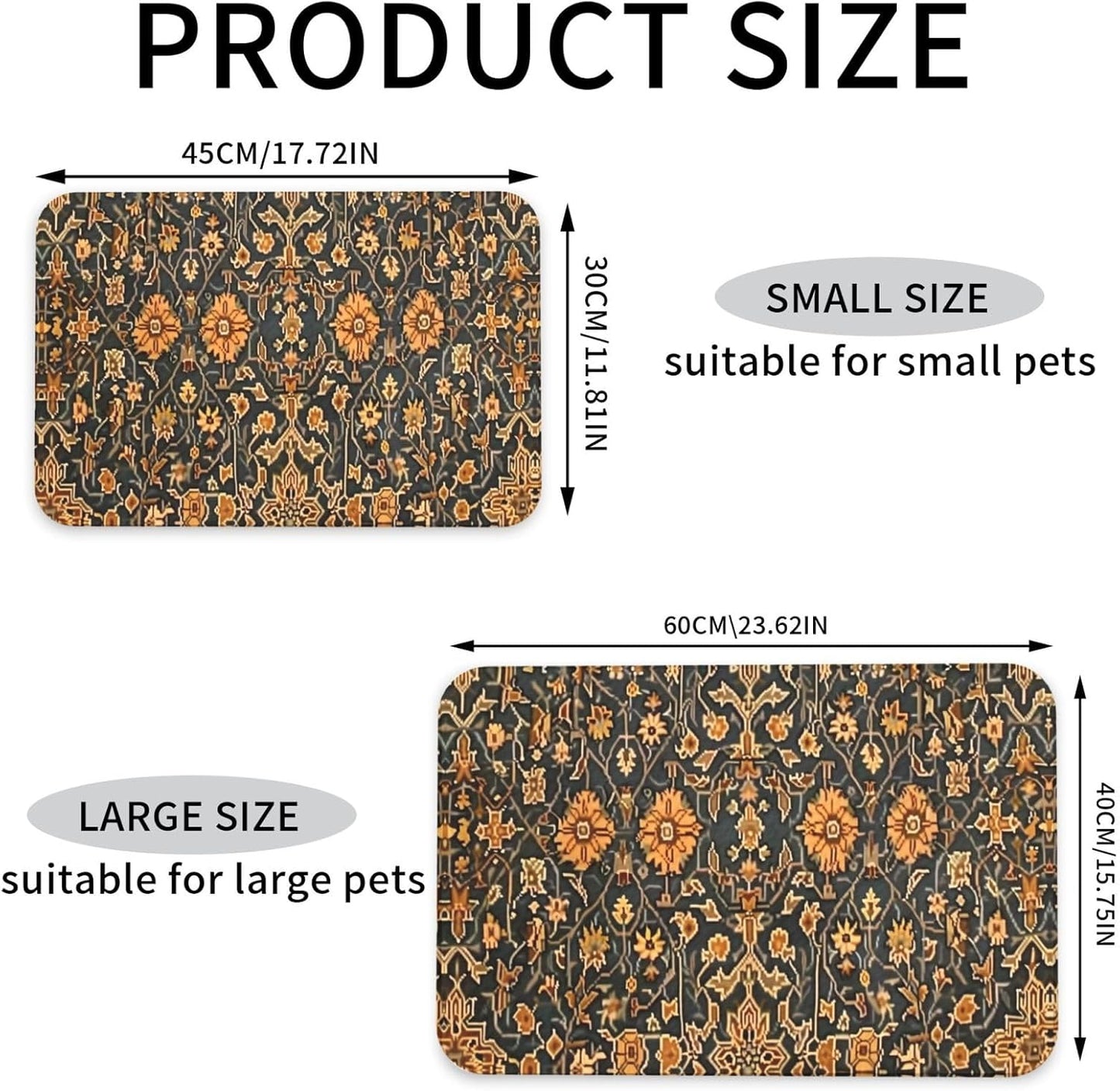 Turkish Carpet Design Dog Food Mat Absorbent Bowl Mats No Stains Quick Dry Waterproof Pet Cat Placemats for Food and Water, 30x45cm