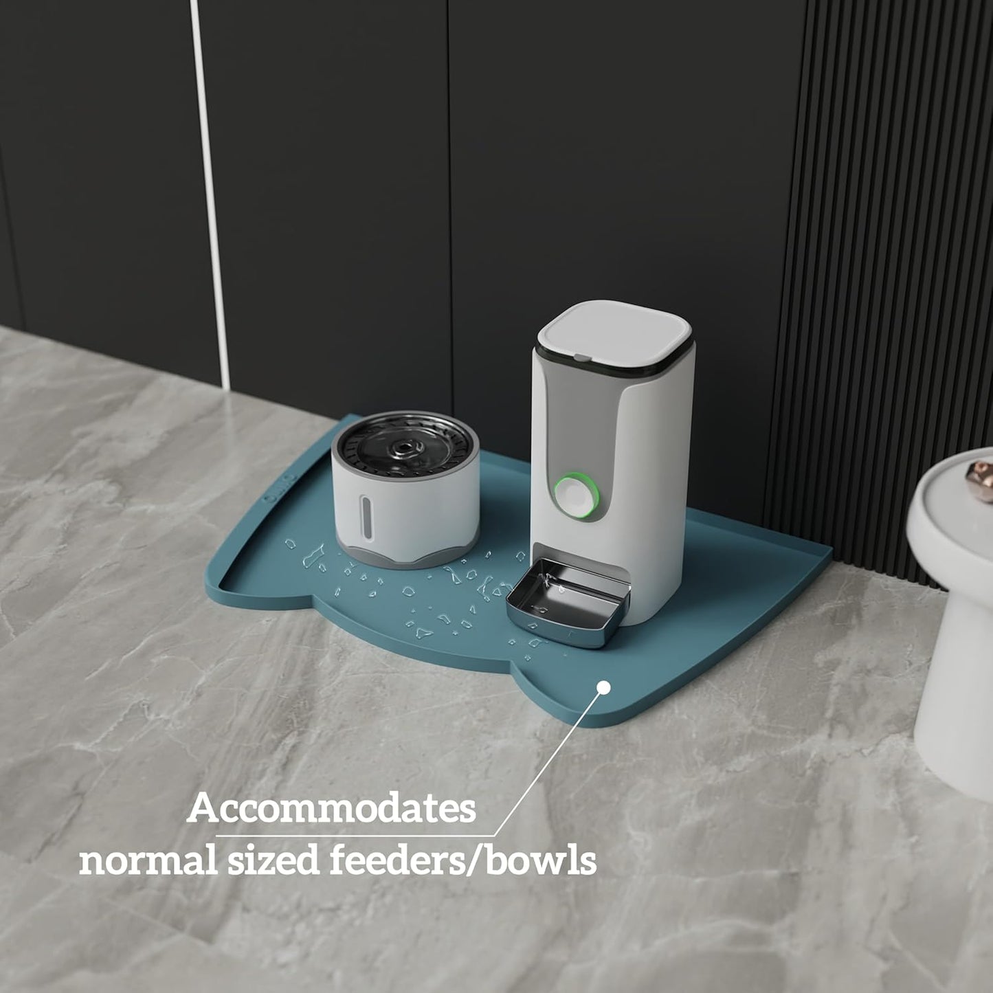 OHMO Dog Food Mat(Light Blue, 24 * 15'') w/Residue Collection Pocket Silicone Pet Feeding Mat for Floor High Edges Anti Spills Waterproof Cat Water Bowl Tray, Easy Clean Placemat