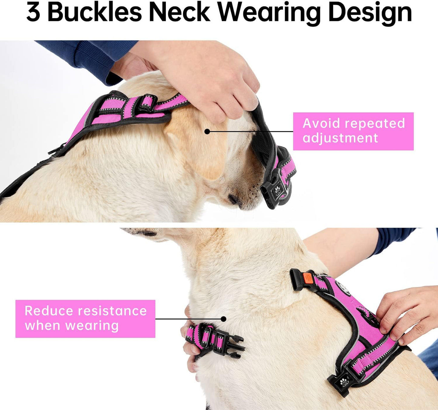 IVY&LANE No Pull Dog Harness for Large Dogs, Dog Vest Harness with Leash, Safety Belt and Storage Strap, Fully Adjustable Harness, 360° Reflective Strip, Soft Handle (Fuchsia Pink, XL)