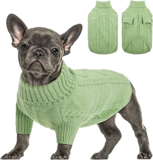 Queenmore Small Dog Pullover Sweater, Cold Weather Cable Knitwear, Classic Turtleneck Thick Warm Clothes for Chihuahua, Bulldog, Dachshund, Pug, Yorkie (Green, X-Small)