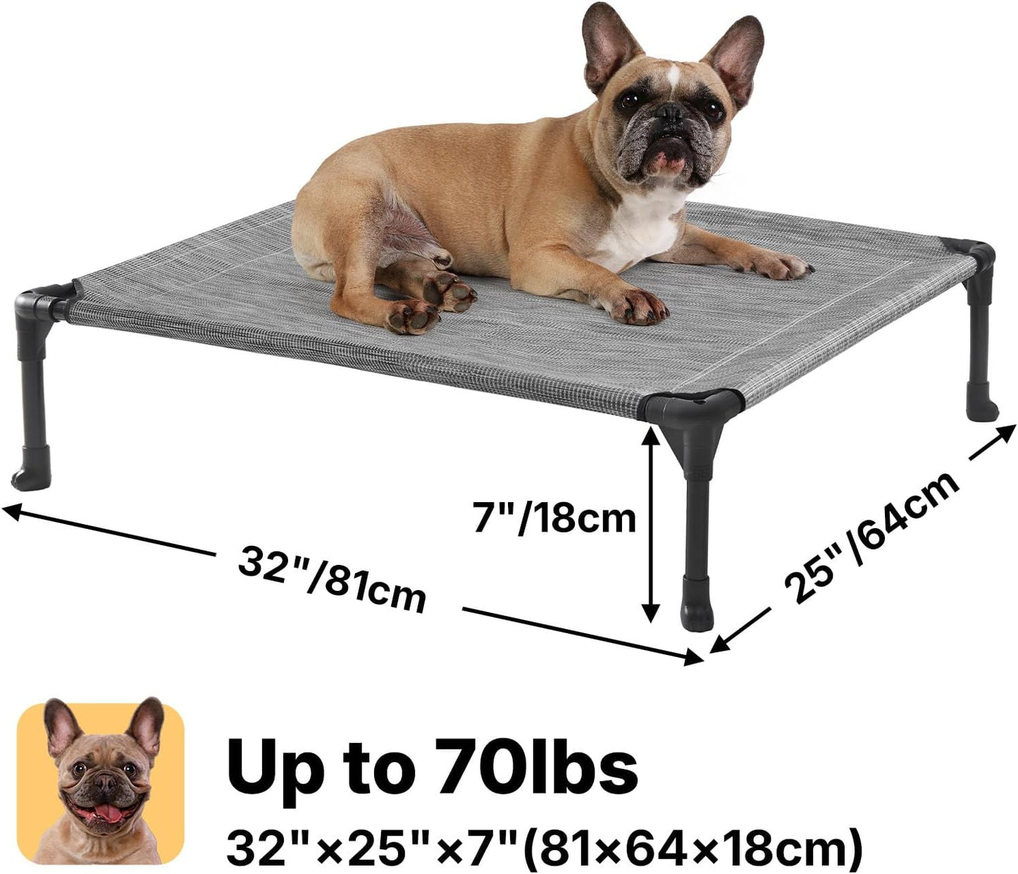 Veehoo Outdoor Elevated Dog Cot Bed, Cooling Raised Pet Bed for Medium Dogs, Washable Breathable Mesh Hammock Bed with No-Slip Feet, Indestructible Ground Off Training Platform Cot-32"x25"Black Silver