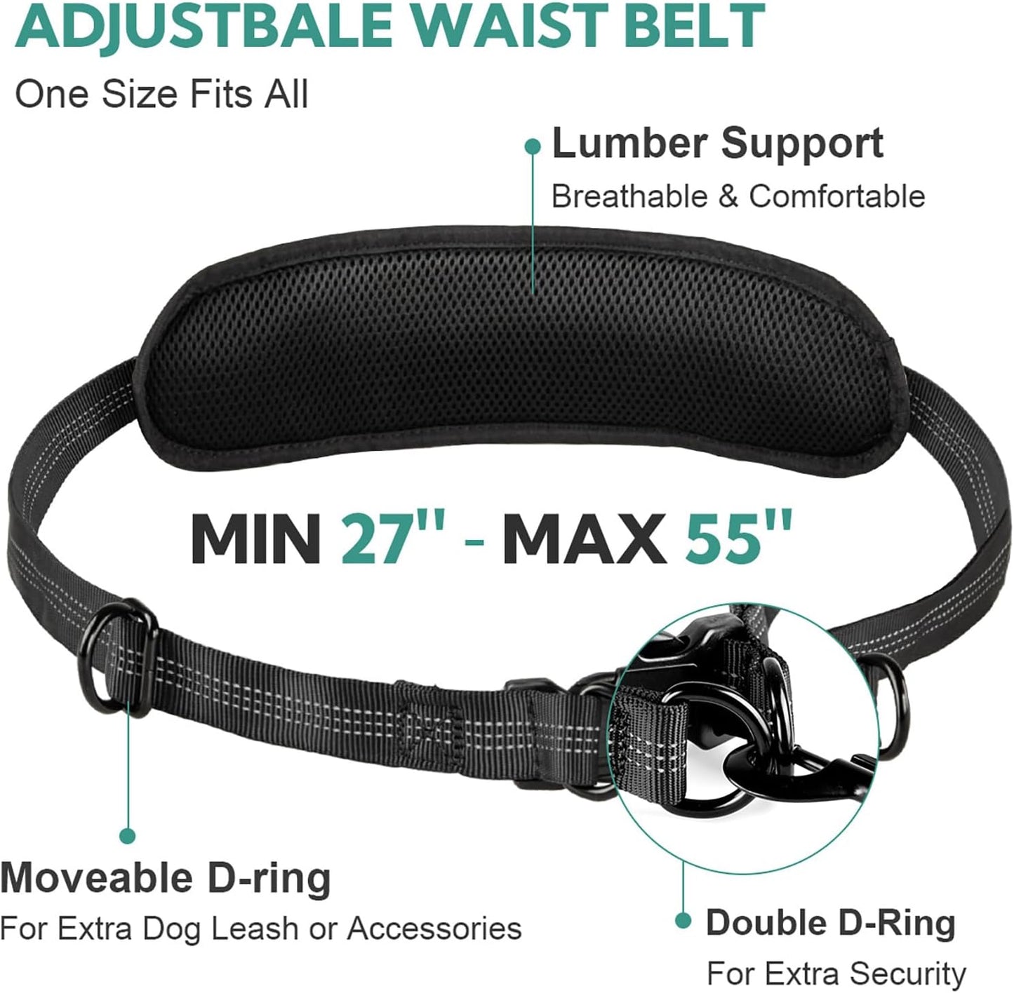Hands Free Dog Leash with Pouch, Double Leash for Two Dogs, Retractable Bungee with Double Padded Handles, Waist Leash for Dog Walking, Running Leash for Dogs, Dog Walking Accessories