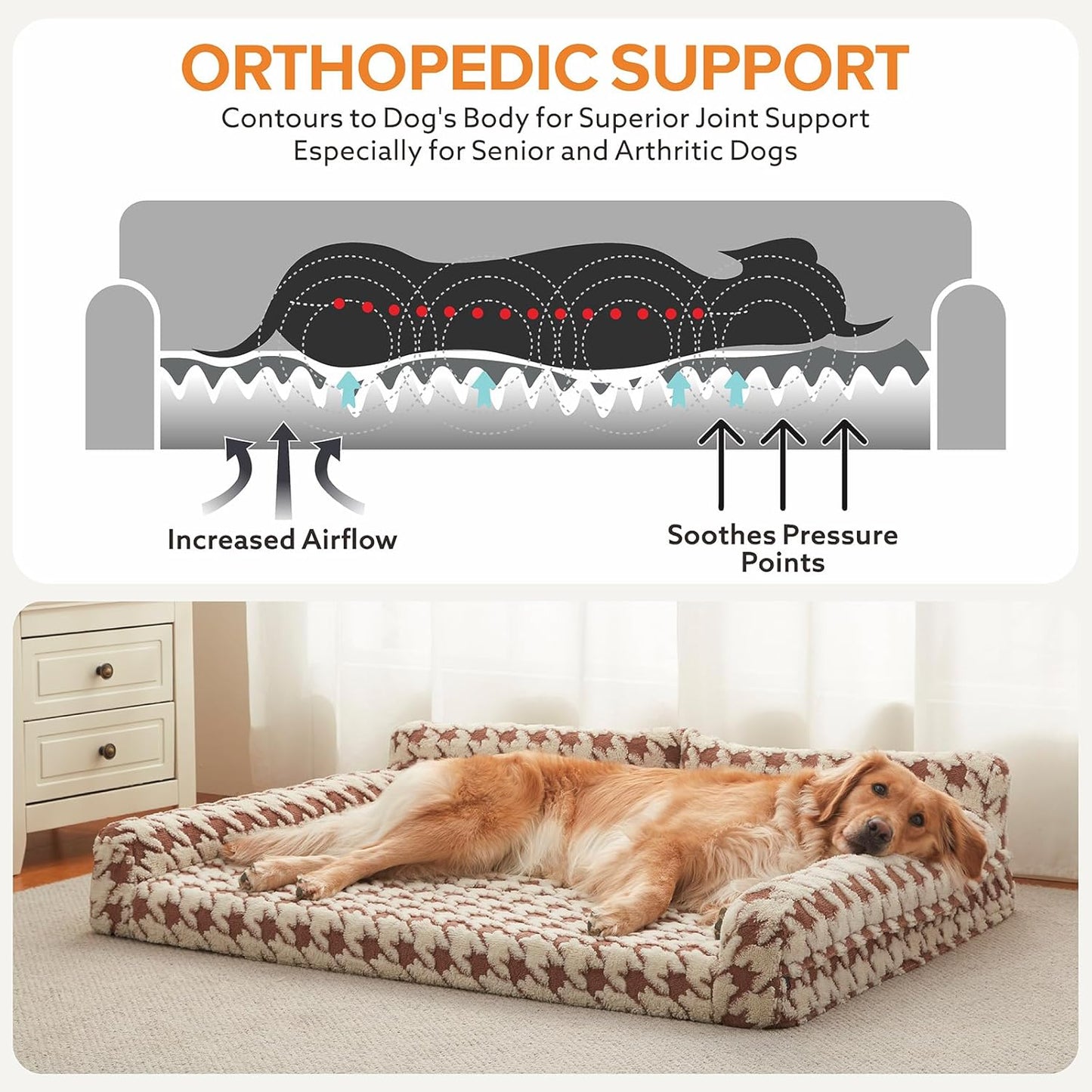 FURTIME Orthopedic Dog Beds Large Sized Dog, XL Washable Memory Foam Pet Couch Bed with Removable Washable Cover, Non-Slip Bottom with Bolster Sides, Brown