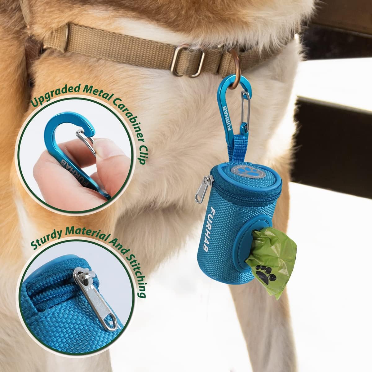 Dog Poop Bag Holder for Leash Doggie Waste Bag Dispenser Soft Fabric Puppy Potty Carrier Small Doggy Zipper Pouch with Carabiner Clip 1680D Nylon Oxford with 1 Roll of Pet Trash Bags, Sky Blue