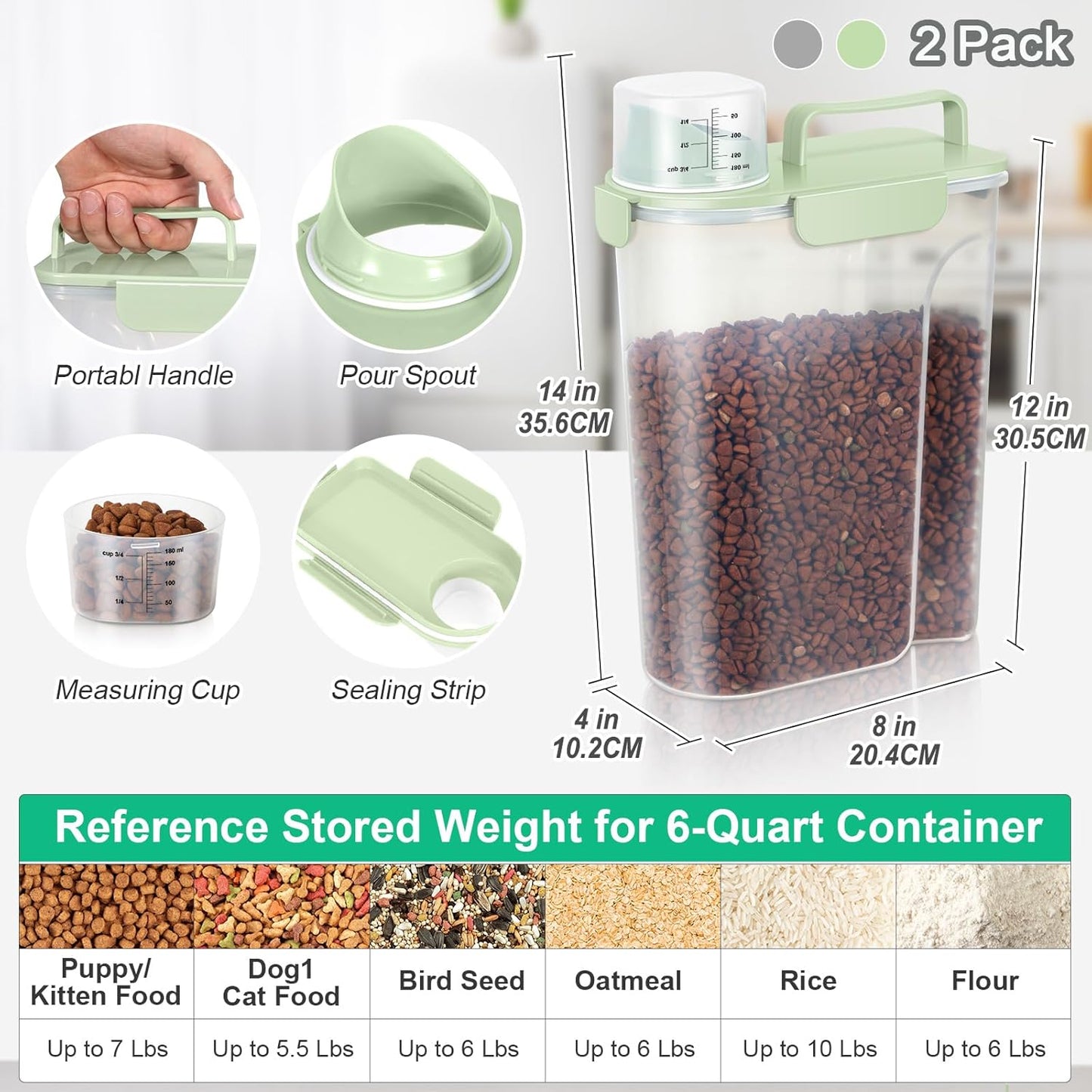 TBMax Pet Dog Cat Food Storage Containers 2 Pack 10 to 14 Lbs, Airtight Cat Food Dispenser with Large Spout & Portable Handle, Travel Dog Treat Storage Bin Bird Seed Container -Light Green/Light Grey
