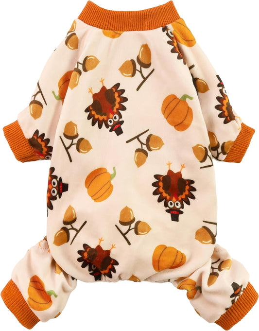 Fitwarm Thanksgiving Turkey Dog Pajamas, Funny Dog Winter Clothes for Small Dogs Girl Boy, Pet Jumpsuit, Cat Onesie with Feet, Lightweight Velvet, Orange, Medium