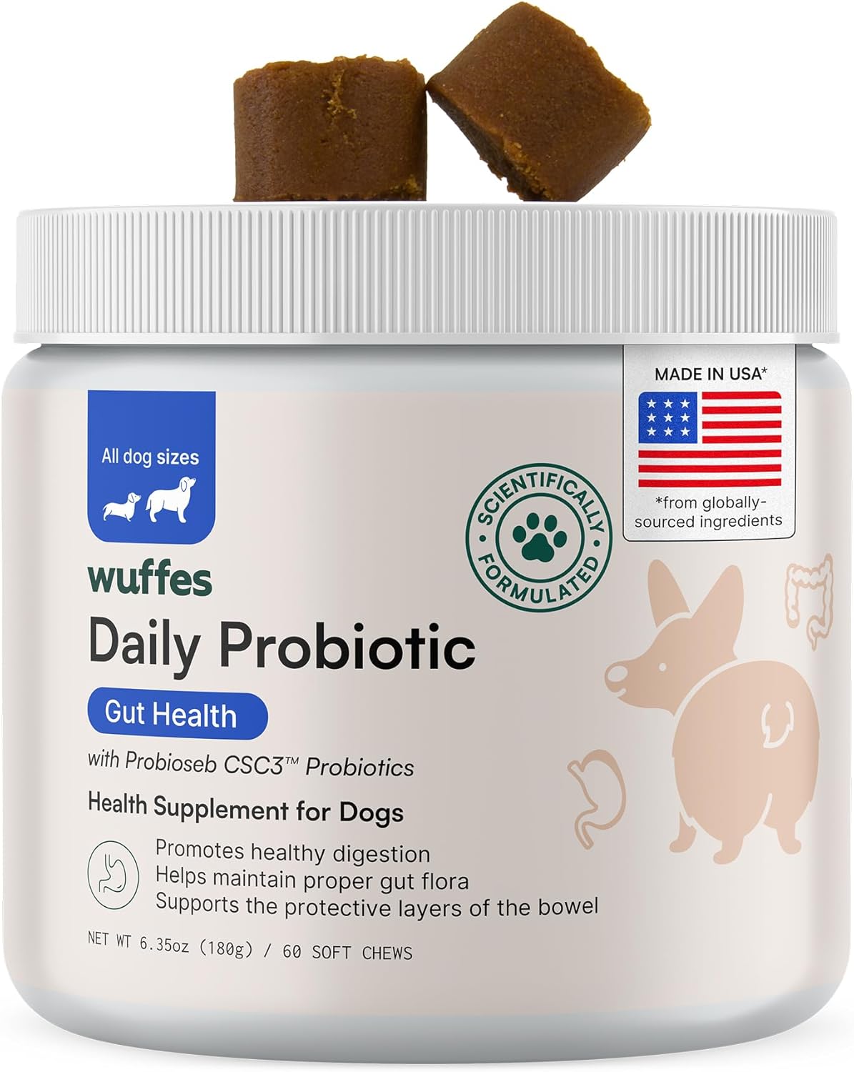 Wuffes Daily Probiotic for Dogs - Supports Digestive Health, Gut Balance, and Immune System - with Prebiotics, Marshmallow Root, and Pumpkin Powder - 60 Soft Chews