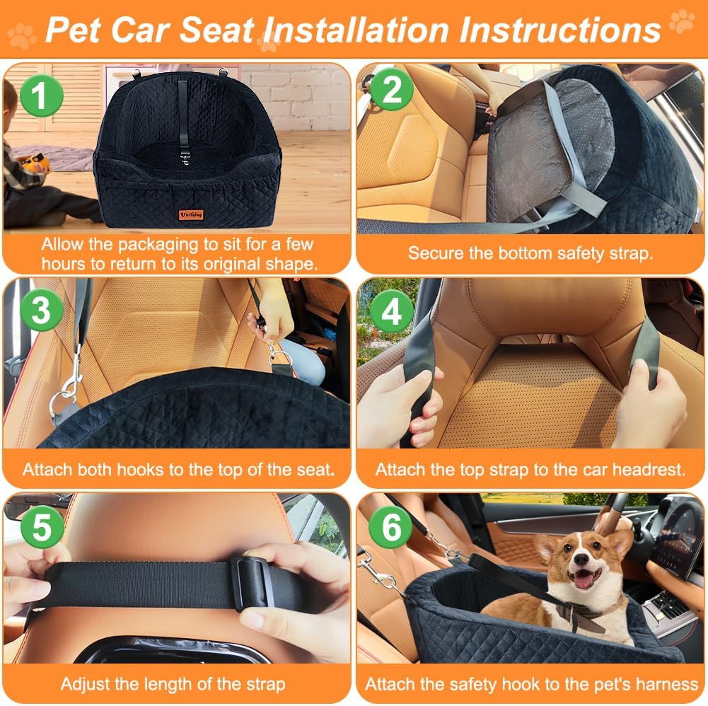Vivifying Dog Car Seat for Small & Medium Dogs, Detachable & Washable Booster Seat for Pets Up to 30lbs, Travel Bed with Storage Pockets and Safety Belt – Black