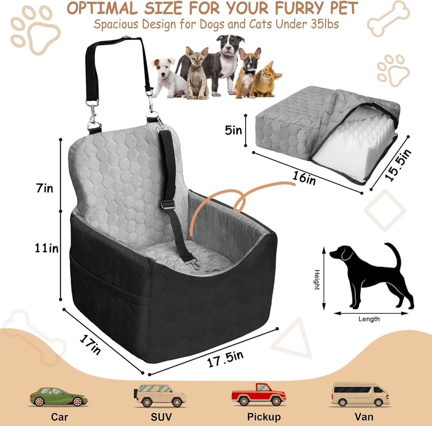 Dog Car Seat for Small/Medium Dogs - Dog Booster Seat with Safety Straps & Non-Slip Base, Travel Pet Car Seat with Storage Pockets, Washable & Removable, Suitable for Dogs Under 35 lbs (Black&Gray)