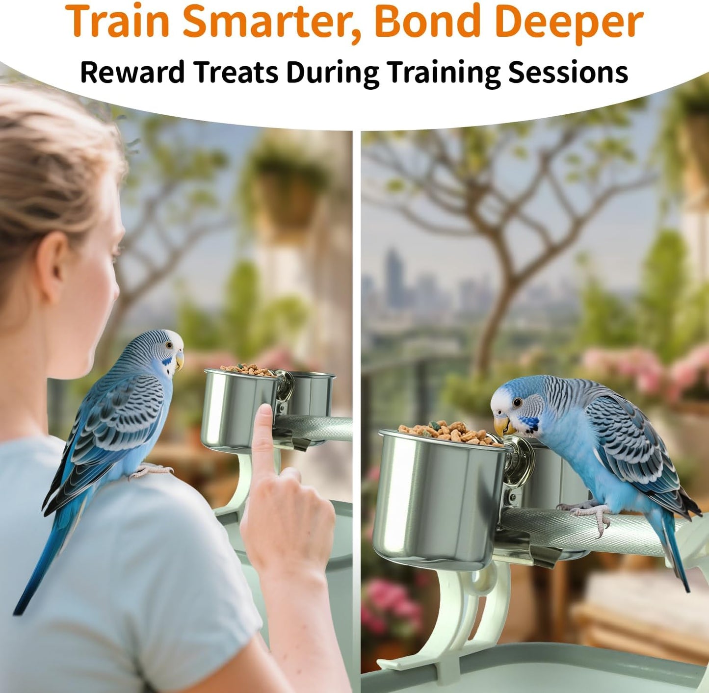 Bird Desktop Training Stand with Detachable Stainless Steel Double Bowls Feeder-Portable Bird Perches Stand with Detachable Base for Parakeets, Lovebirds&Medium-Sized Birds, Parakeet Cage Accessories