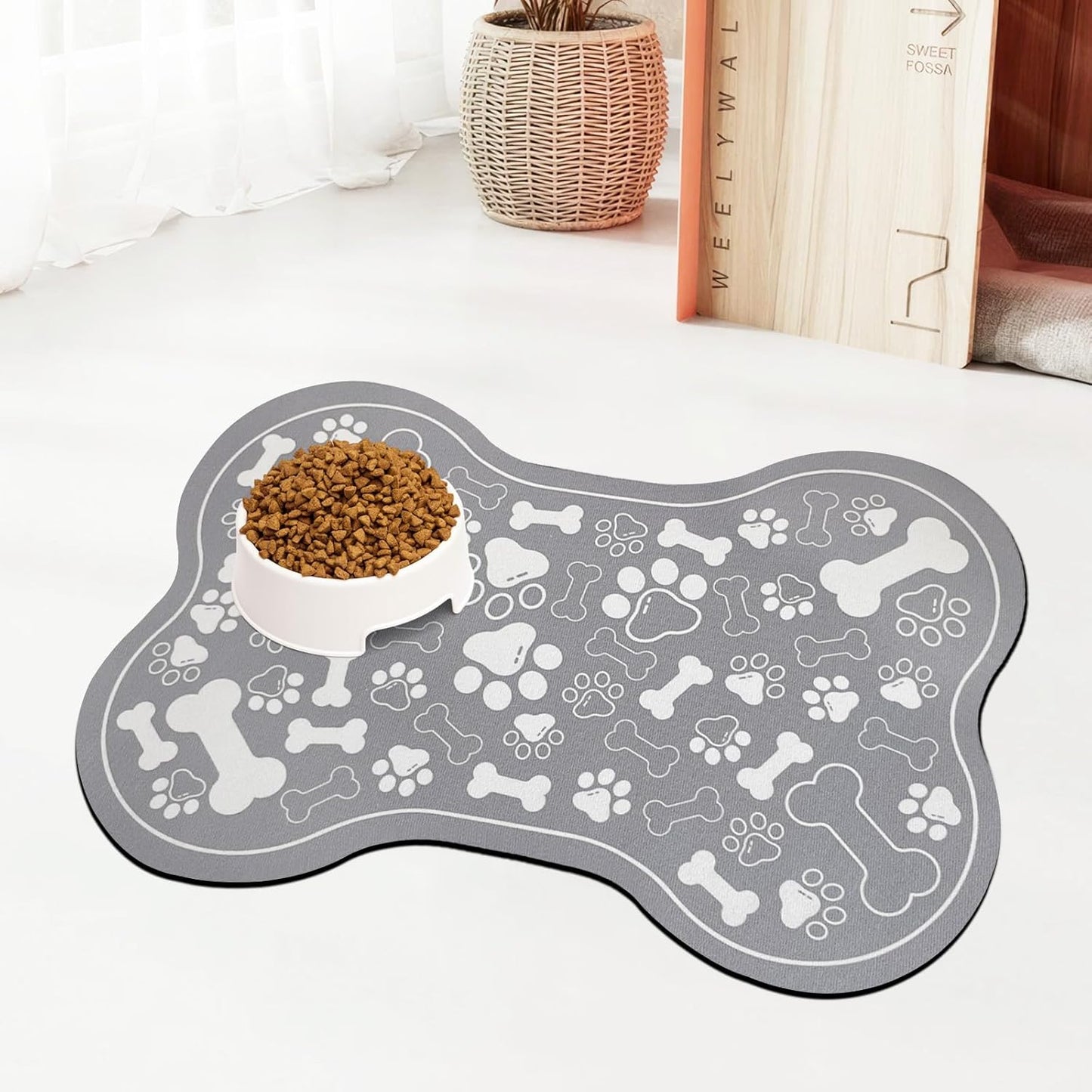 Dog & Cat Food Mat Bone Shaped Pet Feeding Mat Quick Absorb Water Bowl Placemat with Rubber Backing Indoor Floor Stain Resistant Pet Accessory Supplies (Grey, 16x24 Inches)
