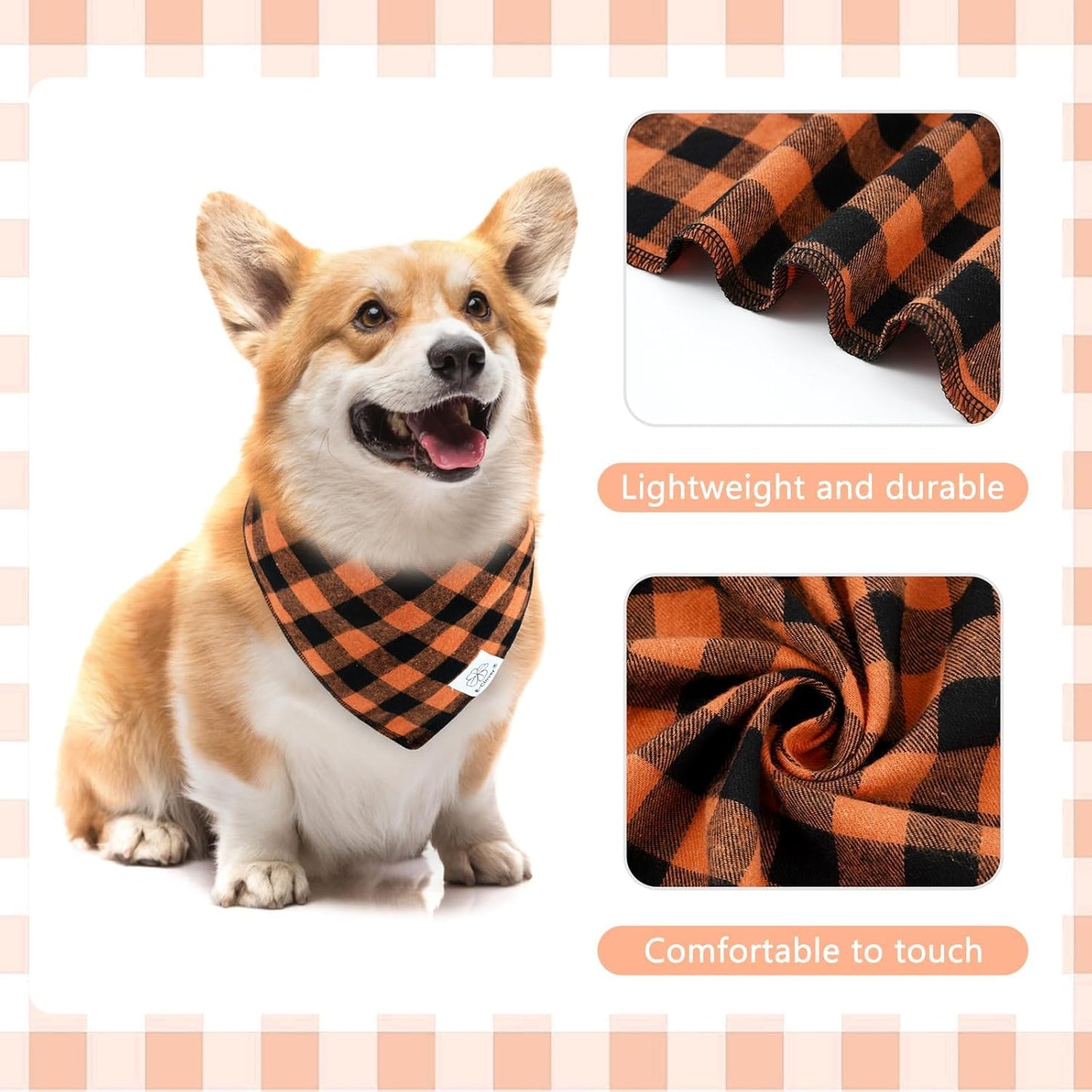 E-Clover Fall Dog Bandana & Matching Scrunchie-Orange Black Dog Bandanas Plaid Pet Scarf Bib for Small Dogs Puppy Girl Boy Owner Gift Orange