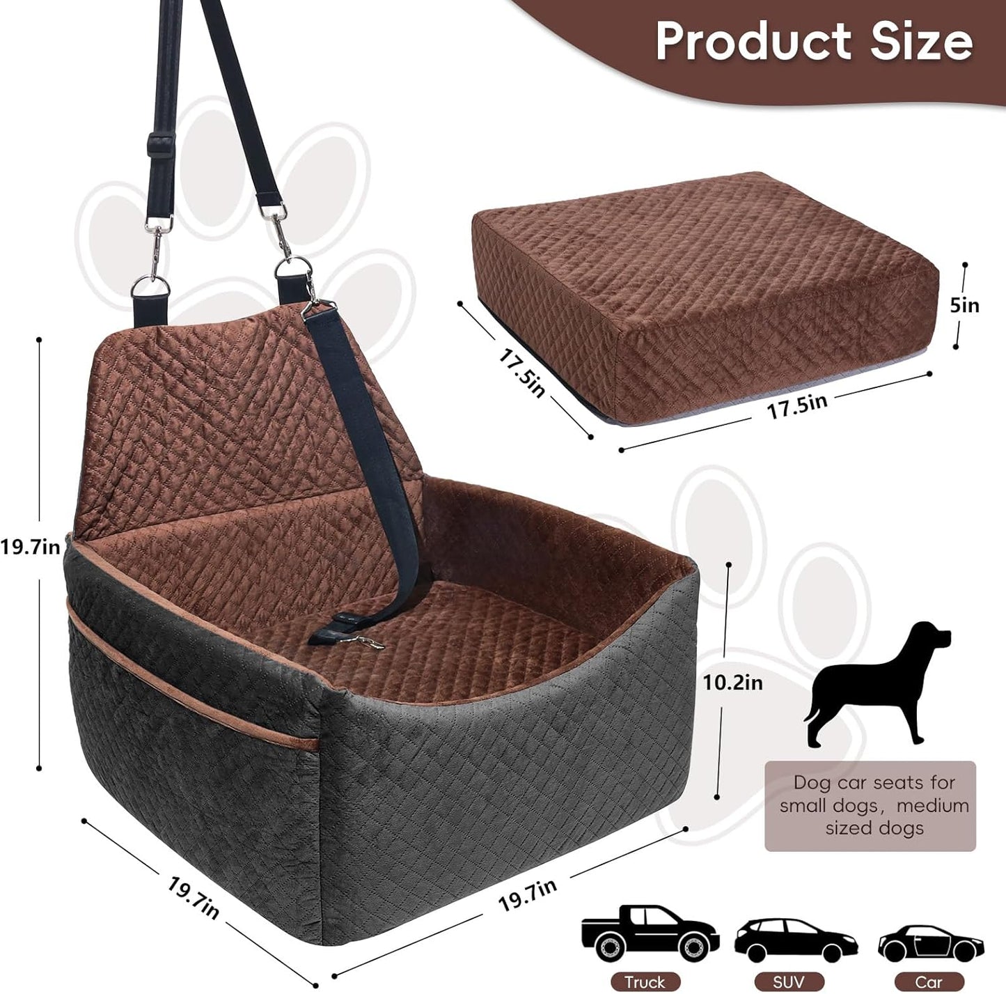Dog Car Seat for Small Medium Dogs, Soft Fabric Dog Booster Seat with Storage Pockets, Safety Belt, Comfy Pet Car Seat Travel Bed, Removable and Washable