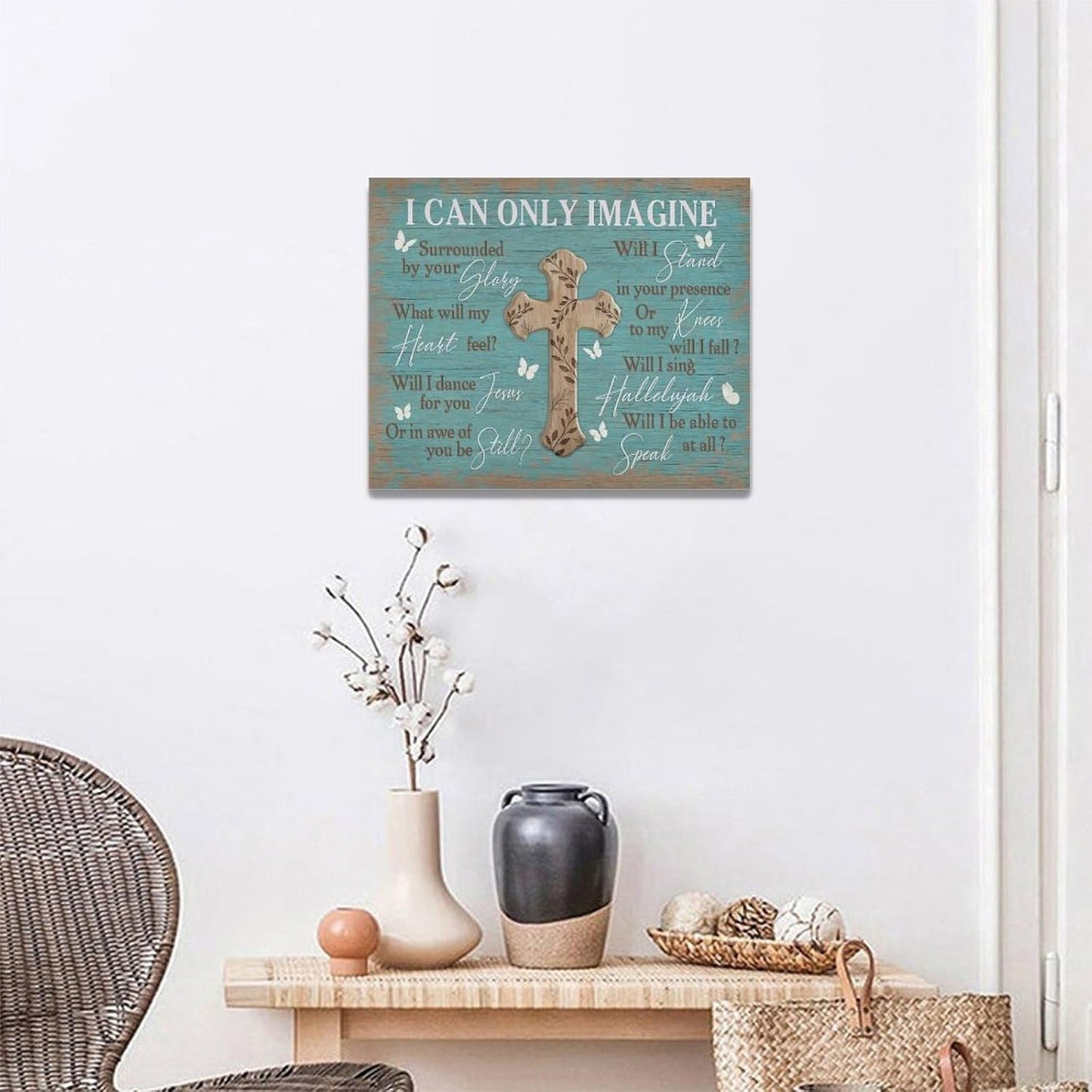 Rustic Christian Cross Wall Art I Can Only Imagine Pictures Farmhouse Butterfly Wall Decor Teal Motivational Canvas Print Painting Artwork for Bathroom Living Room Bedroom 16"x20"