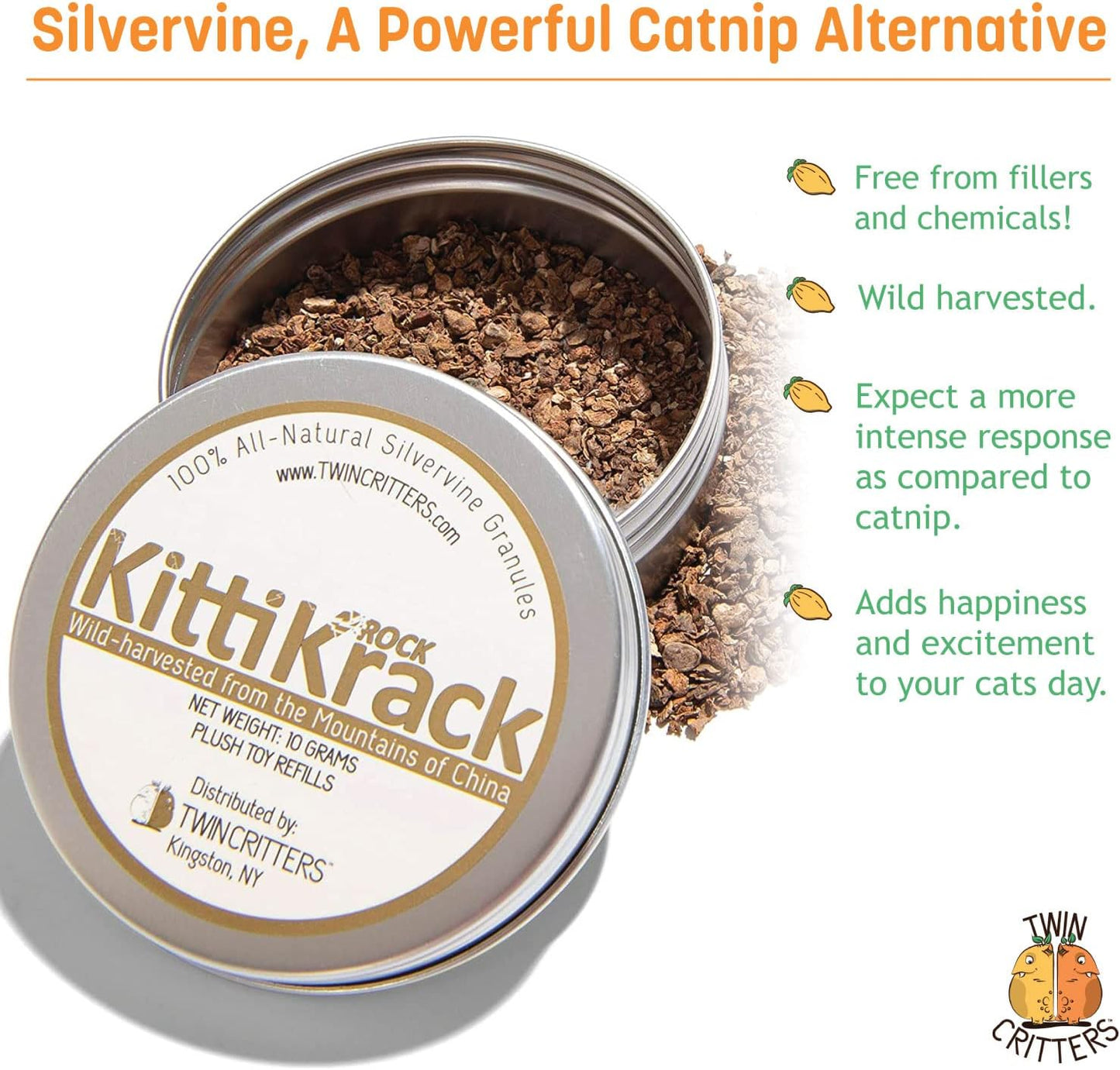 KittiKrack Rock Organic Silvervine Catnip Substitute for Cats & Kittens | All-Natural Wild Harvested Silvervine Granules | 4 Refills for TWINCRITTERS Refillable Plush Cat Toys | 10g