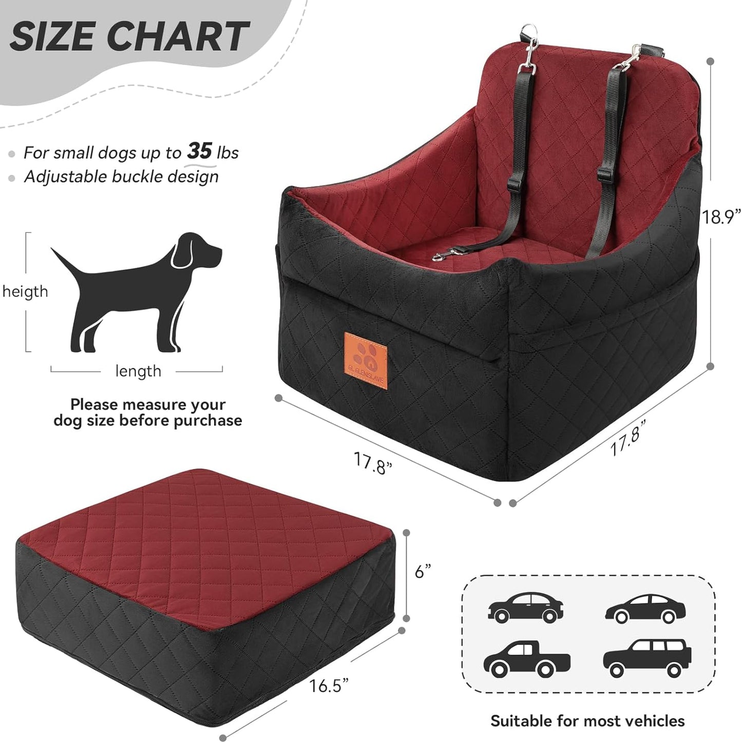 Dog Car Seat for Small/Medium Dogs, Dog Booster Car Seats with Thick Cushion for Dogs Under 35lbs, Detachable Washable Pet Car Seat with Storage Pockets, 2 Safety Belts(Black/Red)
