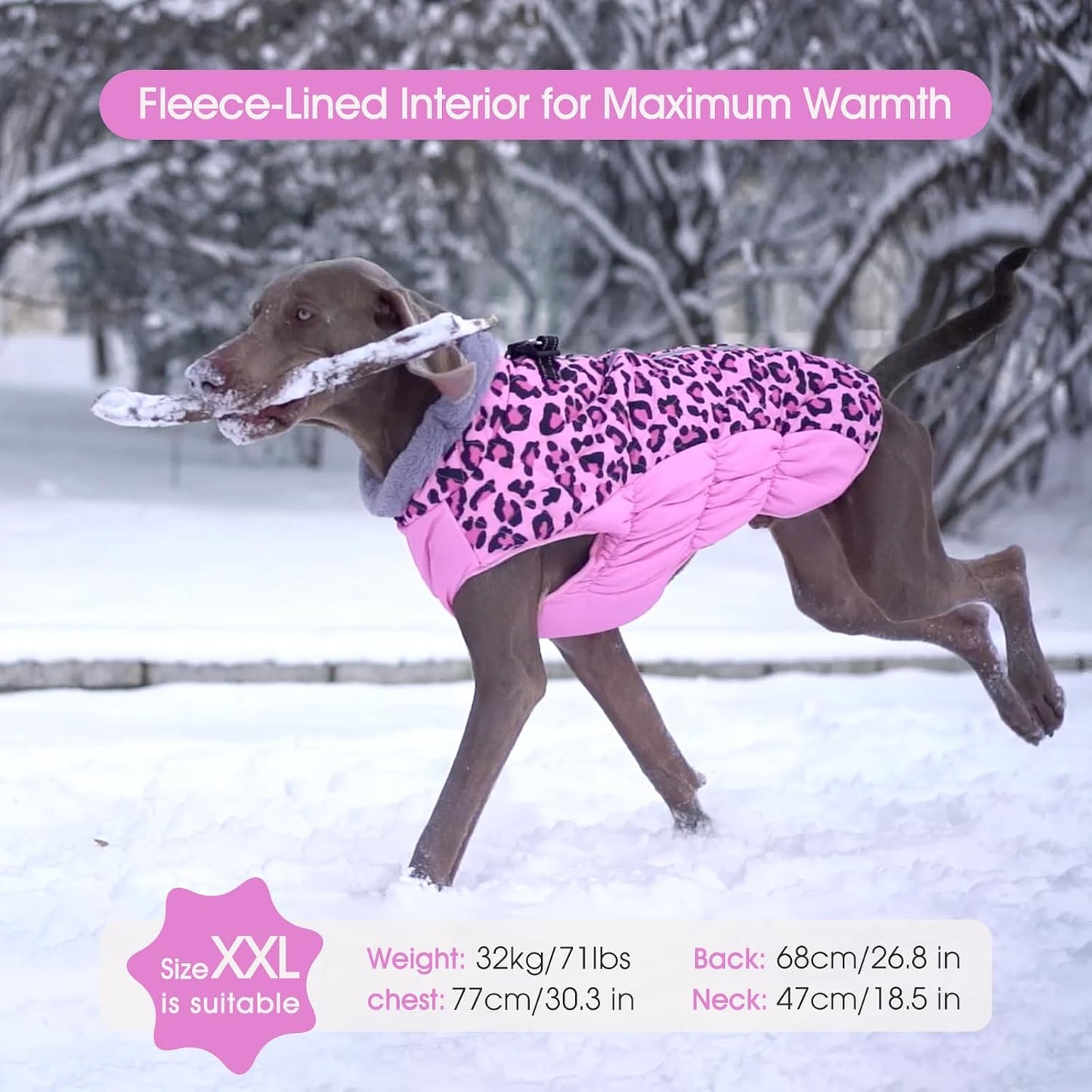 FUAMEY Dog Coat for Large Dogs,Waterproof Dog Winter Jacket with Harness Built in Puppy Cold Weather Coats Reflective Pet Vest with Zipper Warm Fleece Dogs Snowsuit Windproof Pink Leopard XL