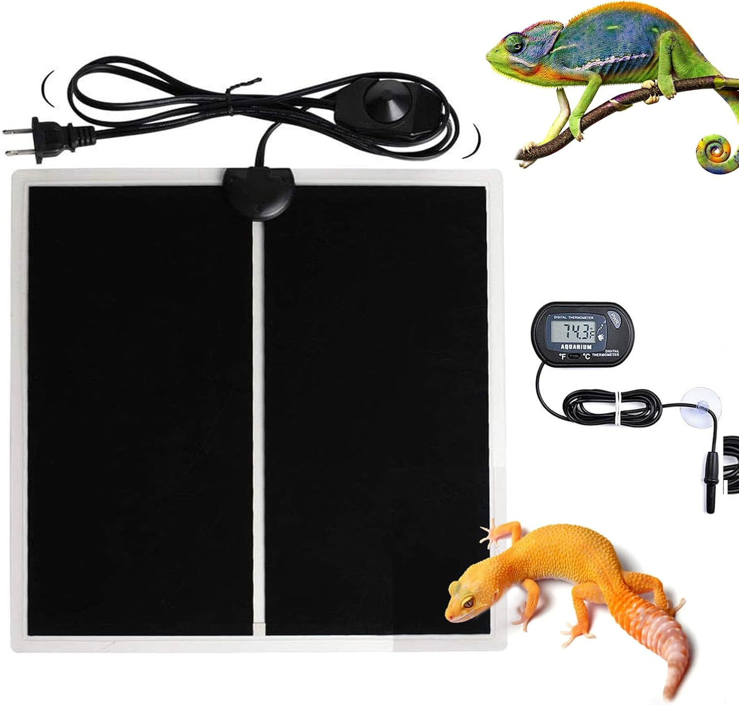 MQ Reptile Terrarium Heat Pad with LCD Digital Aquarium Thermometer, 5.5 x 6in Power Adjustment Under Tank Heater Mat for Pets, Small Animals, Seedling, 5W