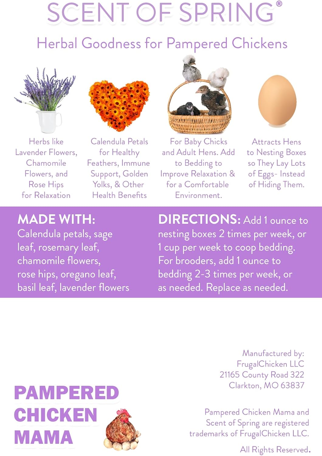 Pampered Chicken Mama Floral Nesting Herbs for Chickens (16 Ounces/1 Pound) | Relaxation Blend for Chick Brooder Box, Chicken Coop Bedding | Scent of Spring