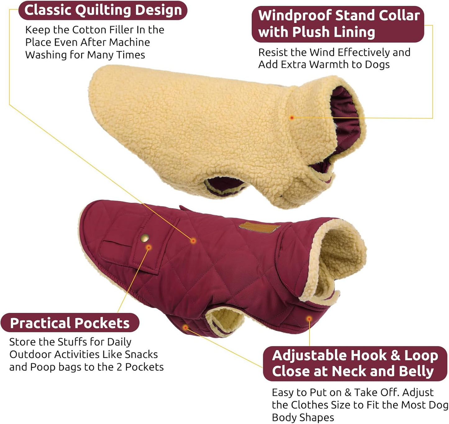 Queenmore Dog Winter Coat Warm Puffer Jacket Waterproof Plush Lining Thermal Cold Weather Vest for Small Medium Large Dogs, Windproof Easy On Pet Jacket Burgundy M