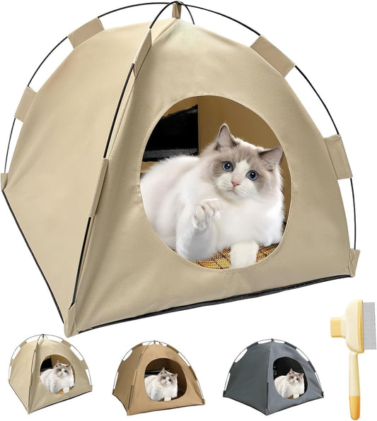 BreezyDen Pop-Up Pet Tent – Portable Hideaway for Cats & Small Dogs, Portable Indoor/Outdoor Pet Tent House with Mesh Window, Waterproof, Breathable, Scratch-Resistant, Fully Washable (Beige,M)