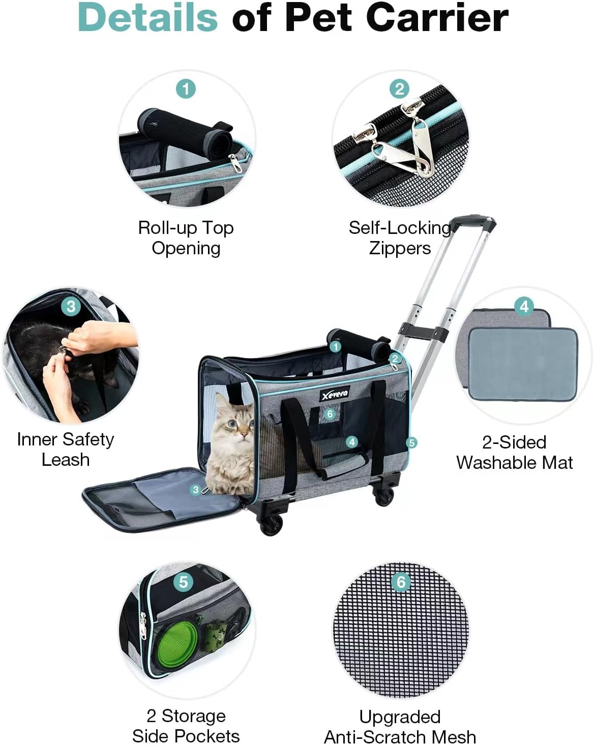 Cat Dog Carrier with Wheels Airline Approved Rolling Pet Carrier with Telescopic Handle, Shoulder Strap and Pet Bowl, Grey