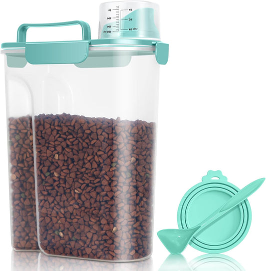 Pet Dog Cat Food Storage Container 5 to 7 lbs with Can Cover and Mixing Spoon, Airtight Travel Pet Food Storage Dispenser with Easy-pouring Spout & Cup, Kibble Dog Treat Bird Seed Container -Cyan