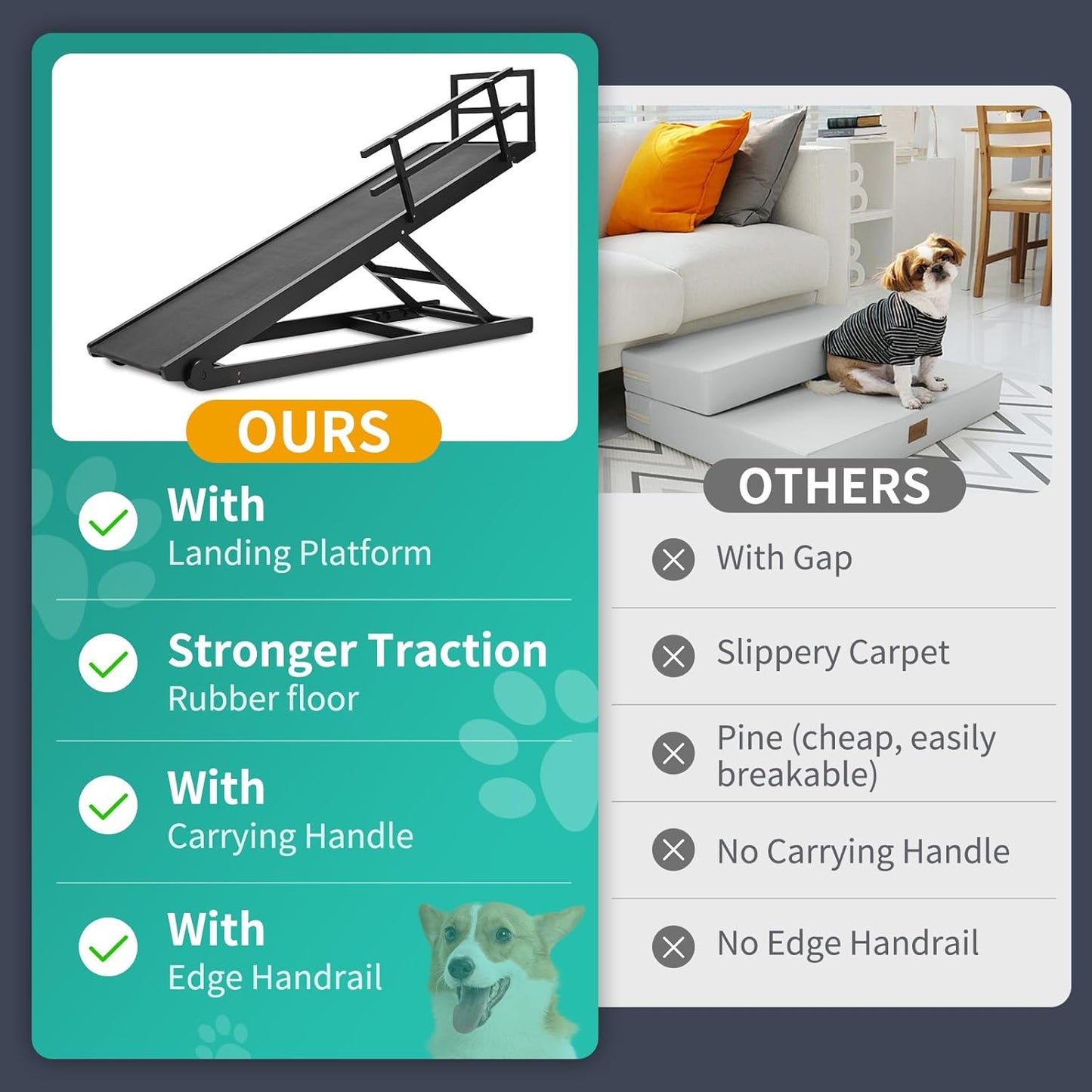 Dog Ramp, 5 Level Adjustable Height Folding Pet Ramp for High Bed, Portable Paw Ramps Large Bed Ramp for Medium & Large Old Dogs & Cats - Natural Wood Furniture Quality