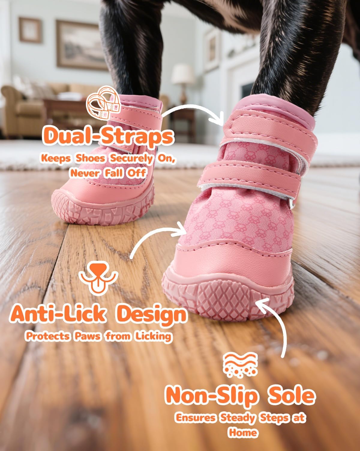 Dog Shoes for Small Dogs, Double Binding Straps Puppy Boots & Paw Protectors for Summer Hot Pavement, Winter Snow, Dog Booties with Anti-Slip Rubber Soles for Beach Hardwood Floor Pink Size 3