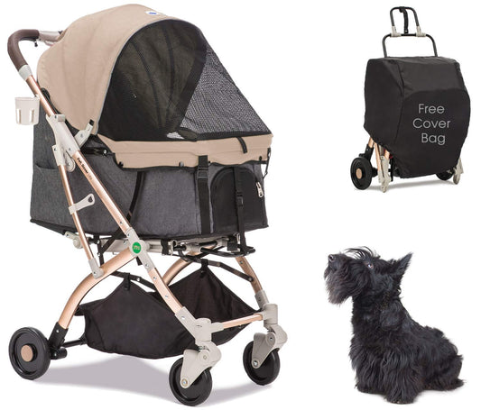 HPZ-PR America Pet Rover Lite Premium Light-Weight Dog/Cat/Pet Stroller Travel Carriage with Convertible Compartment/Aluminum Frame for Small & Medium Pets (Taupe 2nd-Gen.)