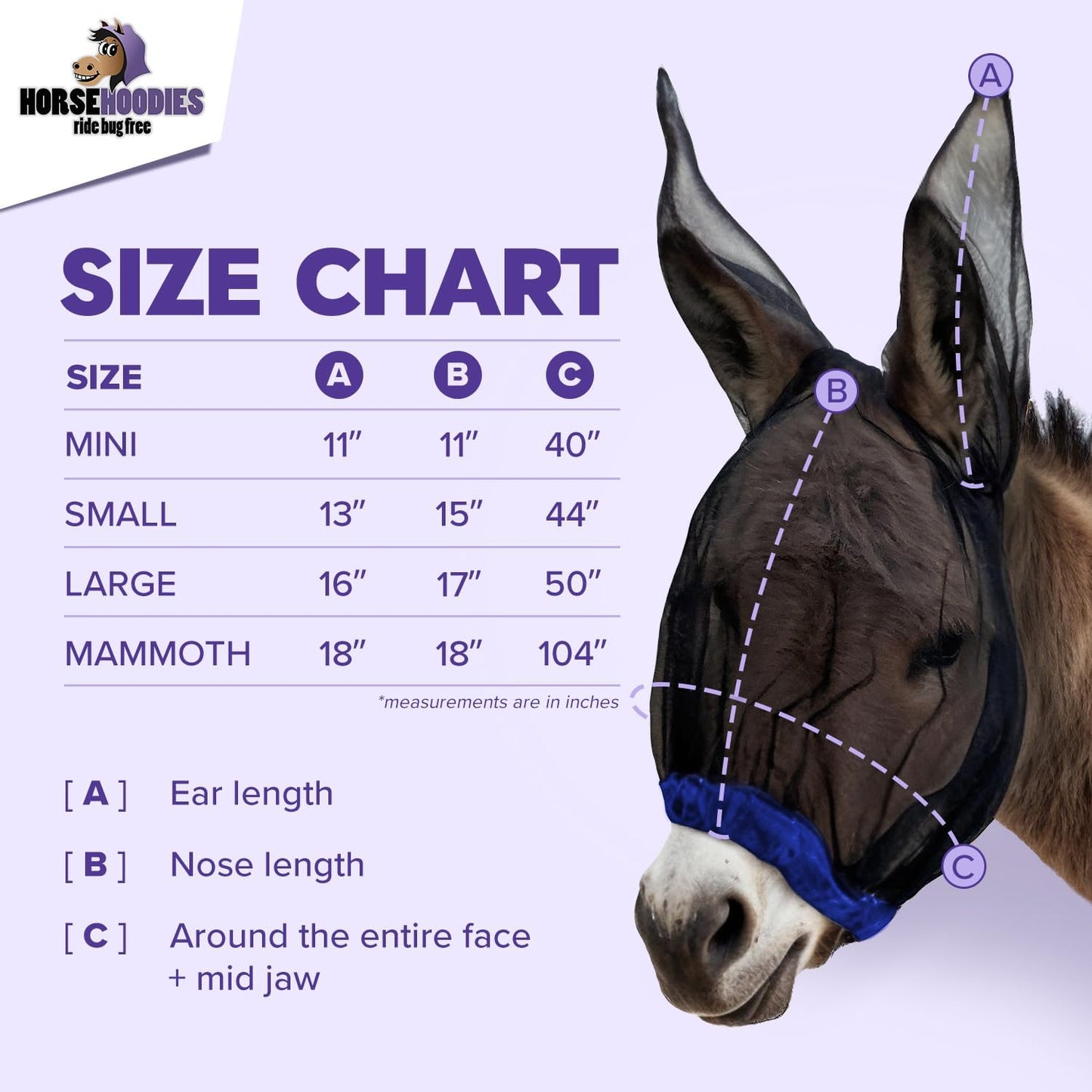 Donkey Fly Mask with Long Ears (Blue) Made in USA - Mule Fly Mask with Ears Protection from Insects and Bugs, Small Donkey Soft Mesh Fabric with Adjustable Fastener, Face Cover Supplies for Donkeys