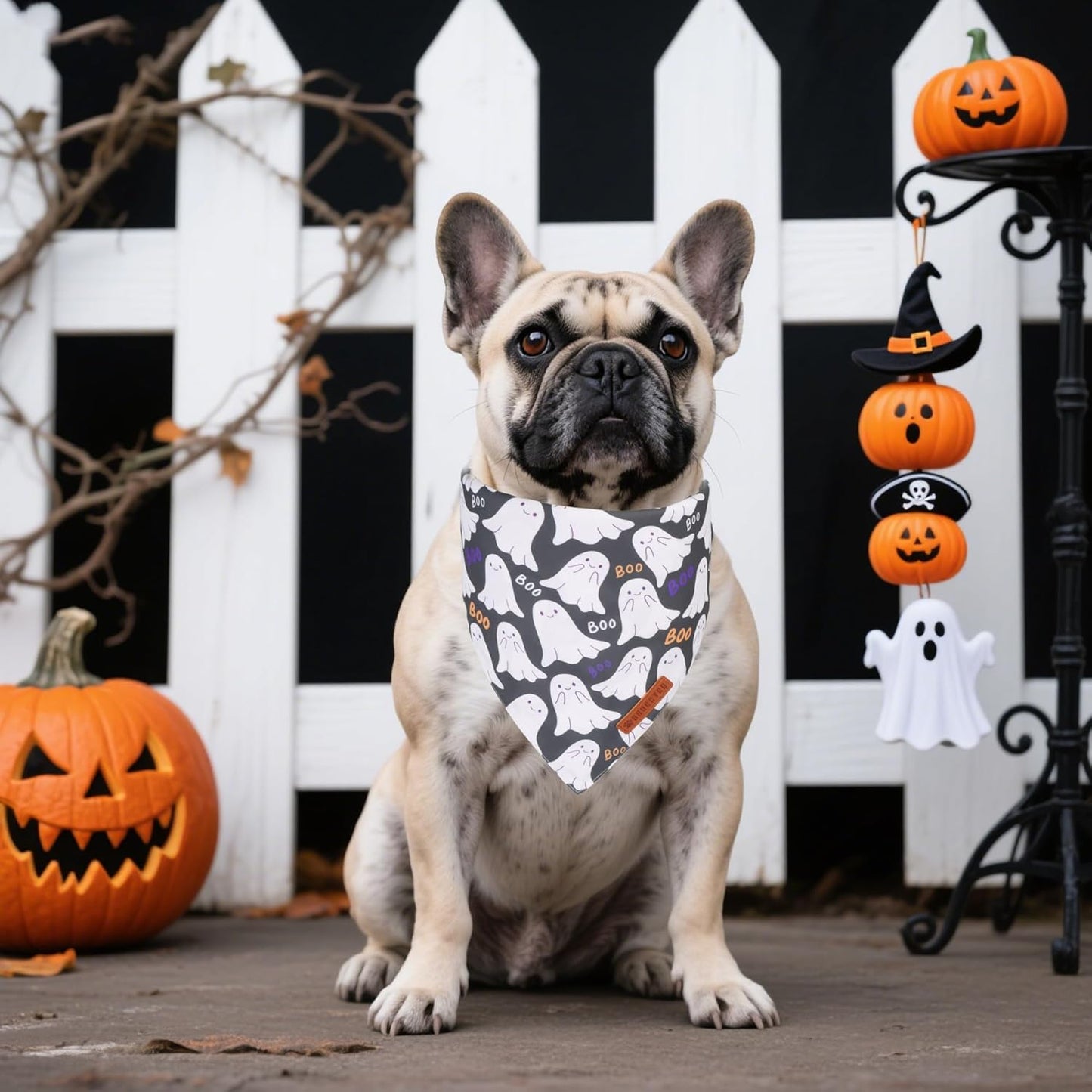 ADOGGYGO Halloween Dog Bandanas, Ghost Pumpkin Witch Scarf, Multi Size, Black Orange Halloween Bandanas for Small Dogs Pets (Small)