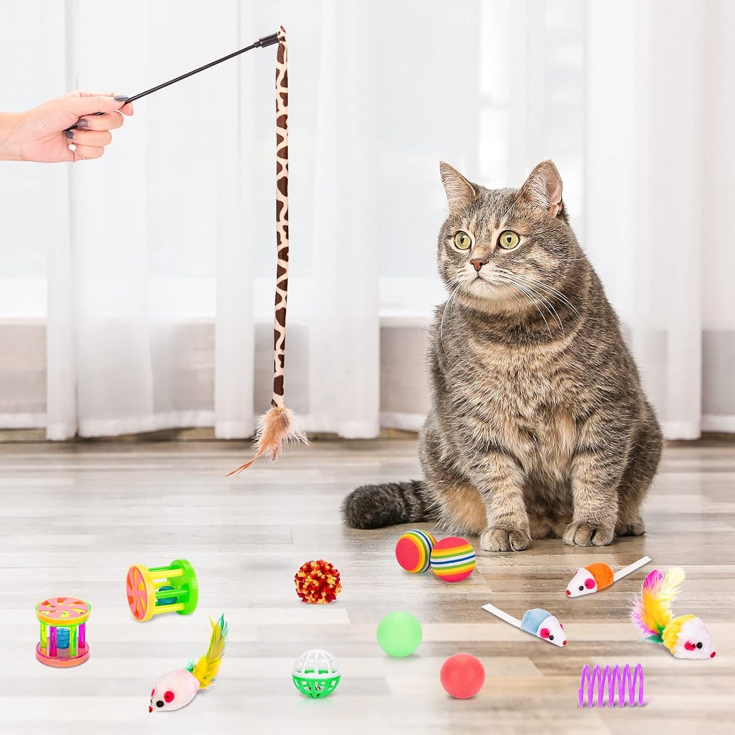 Retro Shaw Cat Toys Bundle 33 Pack, Interactive Kitten Toys for Indoor Cats Kitty with Collapsible Play Tunnel Tube Tent Feather Wand Teaser Bell Fuzzy Ball Springs Mouse Toy