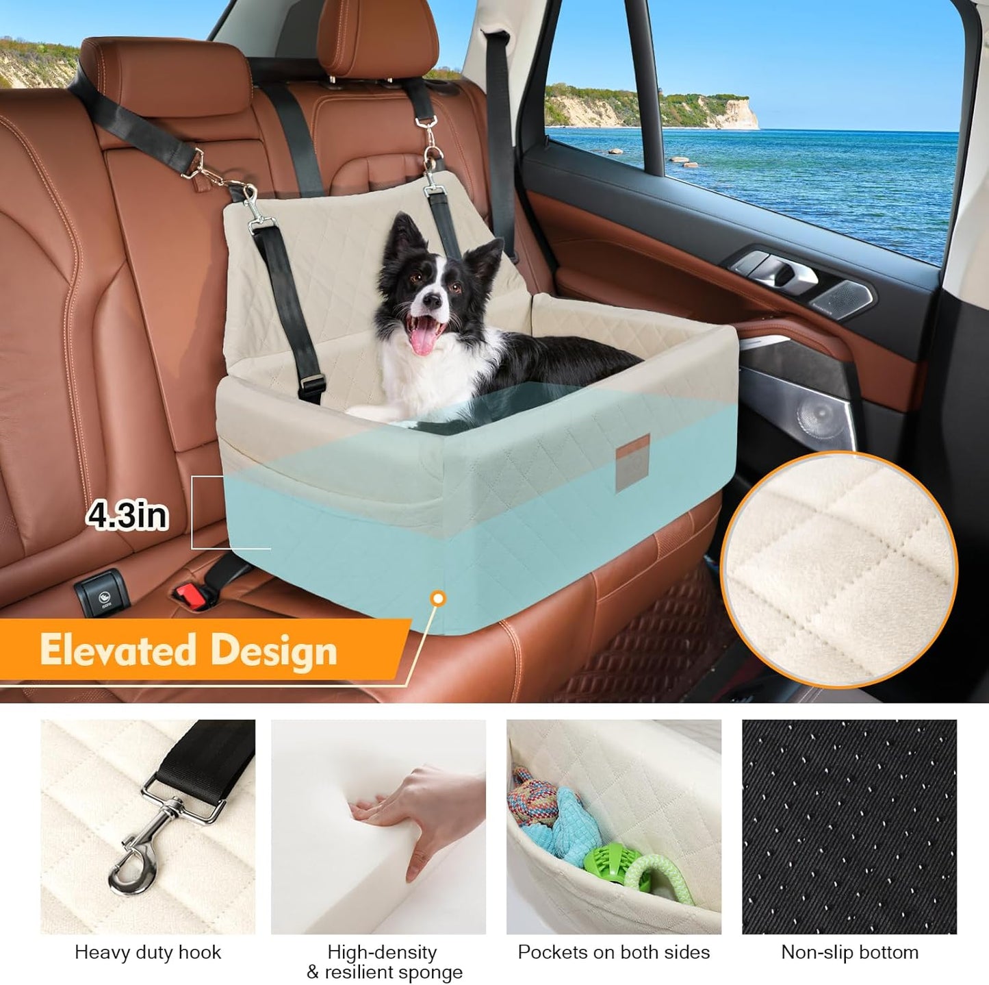 Dog Car Seat for Large Medium Dogs,Washable Pet Carseat Under 55 lbs or 2 Small Dogs,Dog Booster Seat Travel Bed with Thick Cushion,2 Safety Leashes
