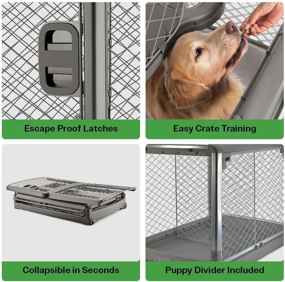 DIGGS Revol Collapsible Dog Crate with Wheels - Premium Portable Dog Crate - Safe, Stylish, and Convenient Indoor Kennel (Smoke, Large)
