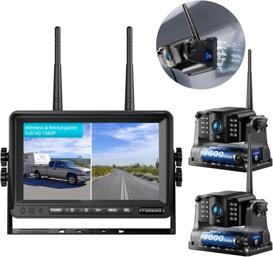 Fookoo HD Magnetic Wireless Backup Camera, 1080P 7" Dual Split Monitor & Rechargeable Rear View Cameras, Lower Consumption 1-Min Installation No Drilling Recording for RV Trailer Truck Camper DCX702
