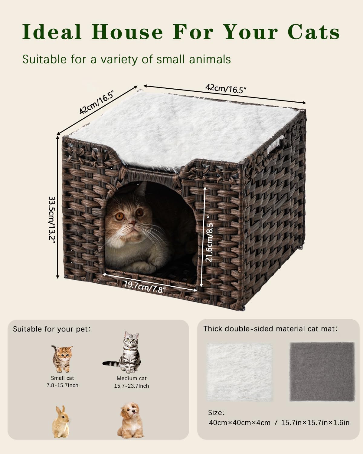 Cat Beds Indoor Kitten House, Handwoven Rattan Cat Cave Pet Cube, Large Cat Houses, One Bed Mat, Foldable, Hideaway, 16.5x16.5x13.2 Inches, 2 S-Shaped Hooks in Living Room Bedroom Brown