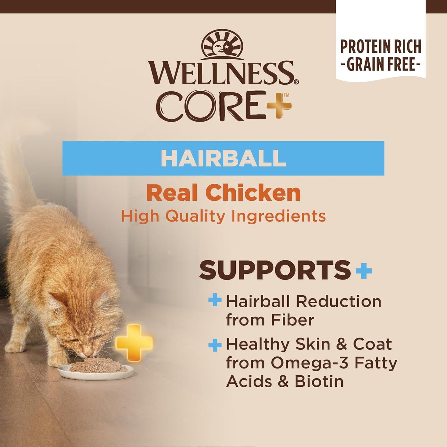 Wellness CORE+ Hairball Pate Adult Wet Cat Food, Natural, Protein-Rich, Grain Free, 2.8 Ounce, 12 Pack (Chicken)