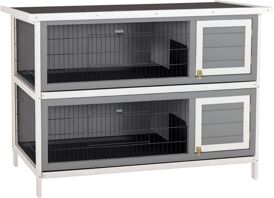PawHut 54" 2-Story Large Rabbit Hutch Bunny Cage Wooden Pet House Small Animal Habitat with Lockable Doors, No Leak Tray and Waterproof Roof for Outdoor/Indoor Dark Grey