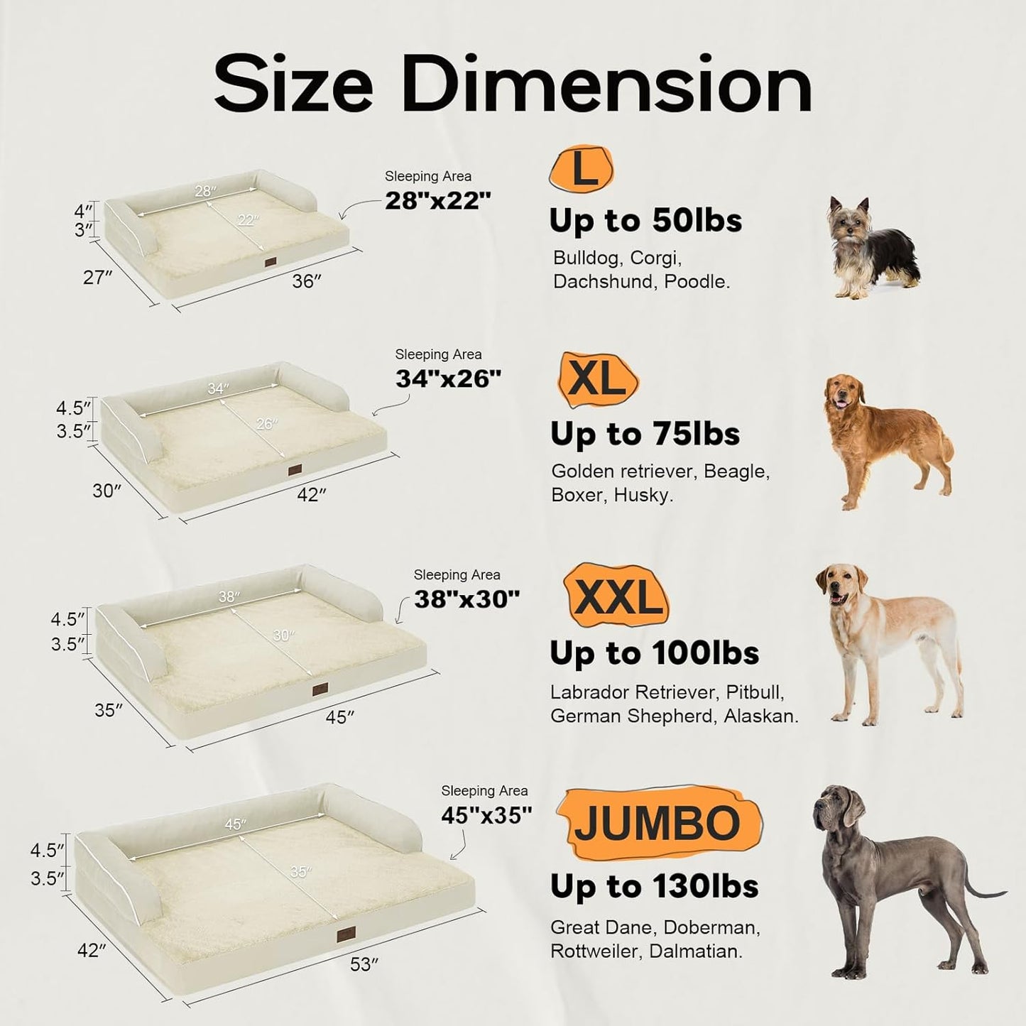 Large Dog Bed Orthopedic Washable - Waterproof with Removable Cover - Memory Foam - XXL Large Big Dogs - Beds Bolster Pet - Couch Sofa - Beige Dog Bed