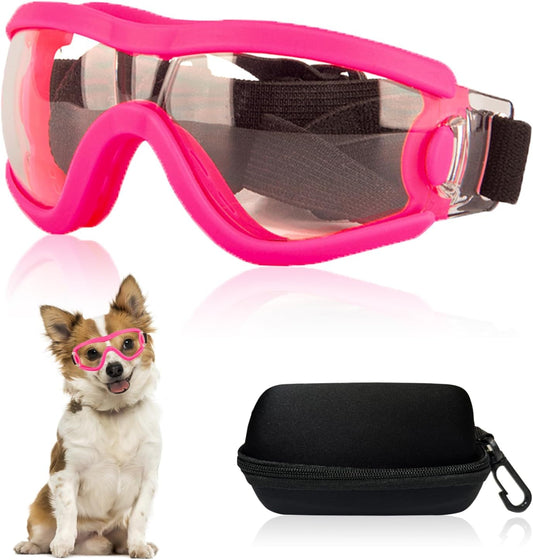 Dog Goggles Small Breed Dog Sunglasses with Adjustable for UV Protection Eyewear Doggy Doggie Puppy Glasses Anti-Fog Wind Dust Snowproof (Pink Frame Transparent Lens)