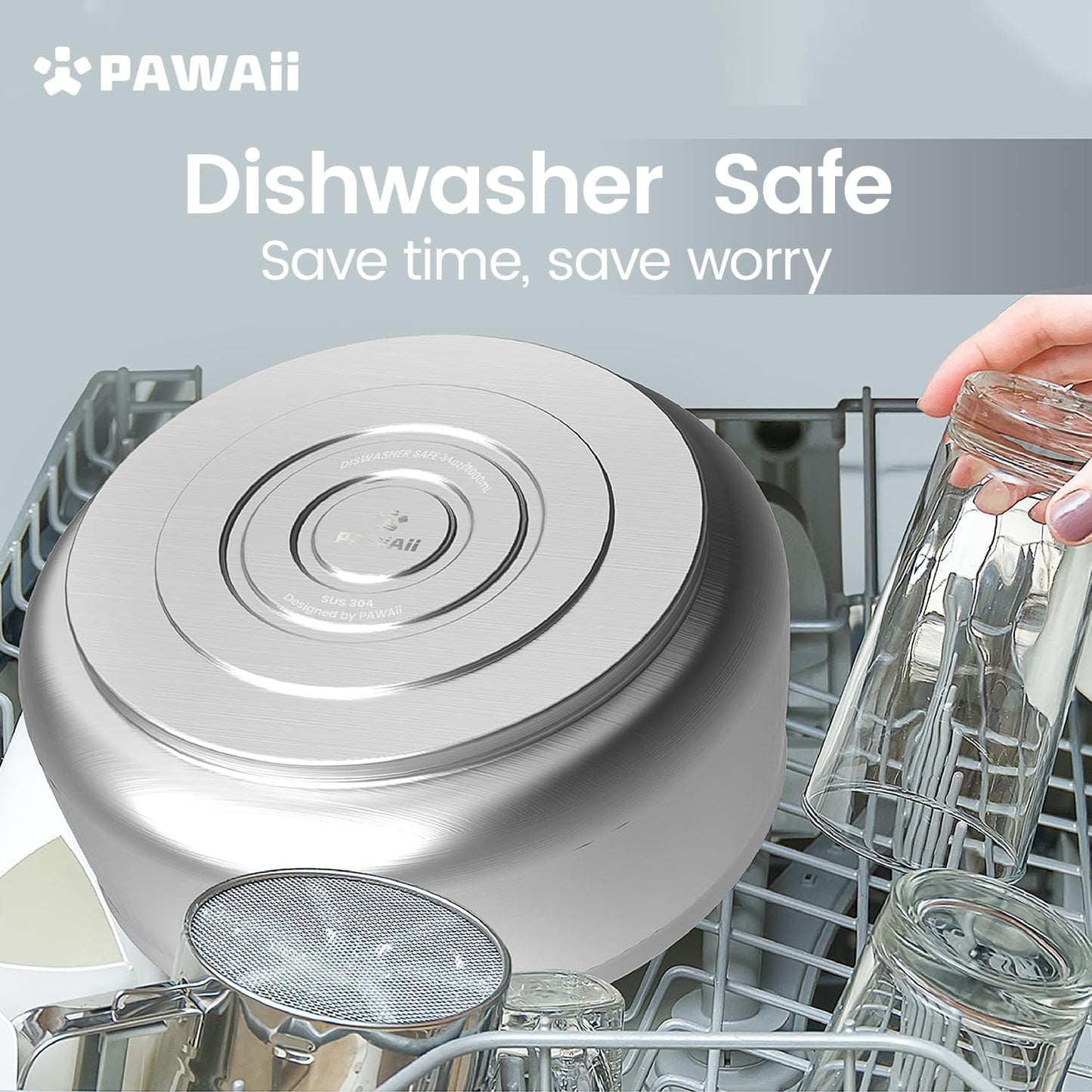 Pawaii Stainless Steel Dog Bowl with Non-Slip Rubber Base & Double Wall Insulation - Durable Design | Includes ID Tag | Dishwasher Safe Food & Water Bowl for All Dogs (34oz)