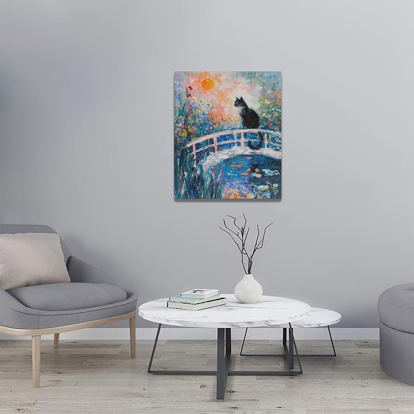 Quorin Black Cat Wall Art Water Lily Sunset Pictures Cat Wall Decor Impressionism Canvas Print Painting Artwork for Bathroom Living Room Bedroom 20"x24"