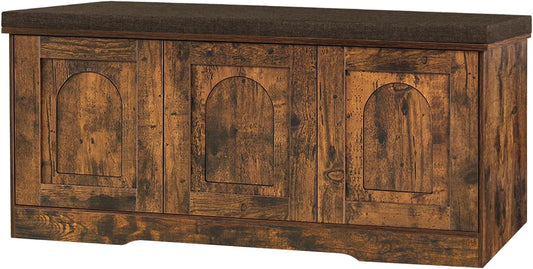 DINZI LVJ Shoe Bench, Entryway Storage Bench with Doors, Cushion, 2-Tier Shoe Rack with 6-Cubby, 39.4”L x 13.8”W Shoe Organizer Cabinet, Adjustable Shelf, Living Room, Bedroom, Rustic Brown