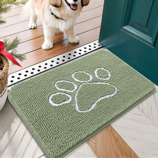 OLANLY Door Mat for Muddy Dog Paws 24x16, Ultra Absorbent Chenille Mud Doormat with Paw Print Design, Non-Slip Washable Doormat for Indoor Entryway, Quick-Dry Pet Bed Mats for Dirty Dogs, Sage Green