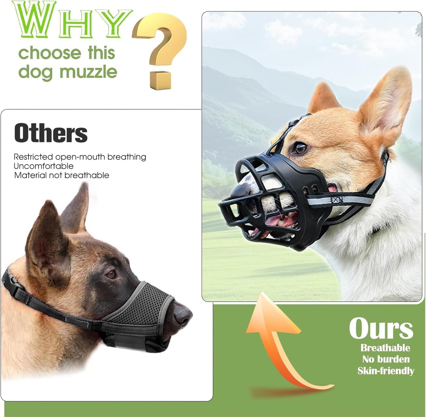 Dog Muzzle, Breathable Basket Muzzles for Small Medium Large Sized Dogs, Adjustable Humane Cage Mouth Cover for Grooming Biting Chewing, Allows Panting and Drinking (Soft Rubber, S)