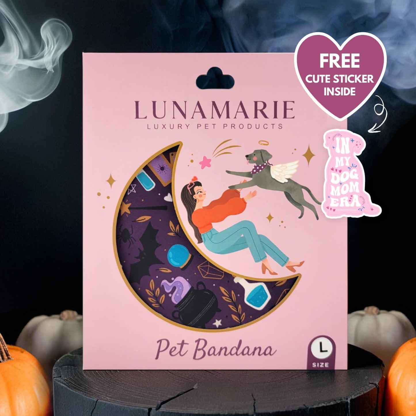 LunaMarie - Luxury Pet Birthday Bandanas -Premium & Silky Poly Fabric | 100% Handmade | Custom Shape Dual Layered (Bewitched, Large)
